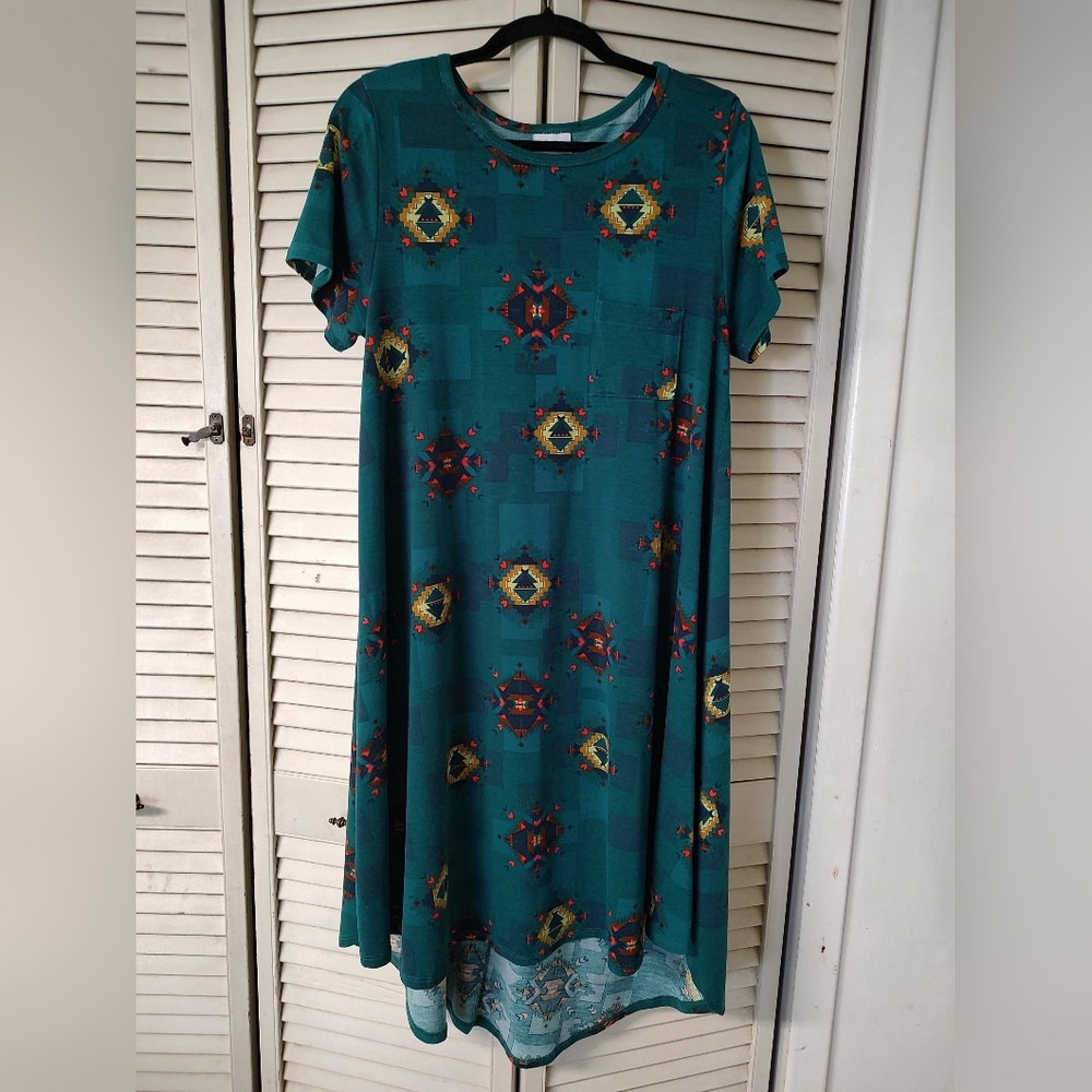 Lularoe Teal and Mustard Aztec Patterned Women's Carly Dress